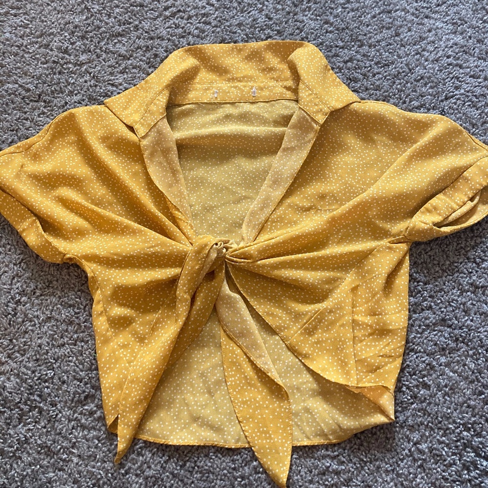American Eagle yellow polka dot front tie crop